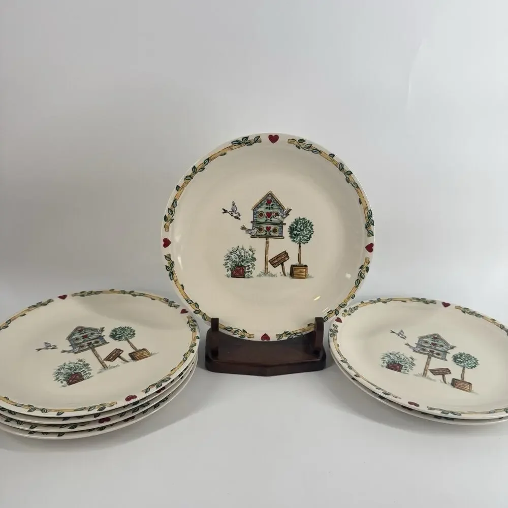 Thompson Pottery Birdhouse Dinner Plates SET OF 3 10.25” Cottage Farmhouse Vtg